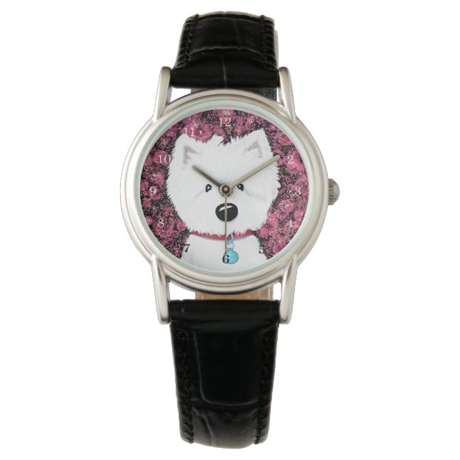 KiniArt Fluffy Westie Rozen Horloge (Voorkant)