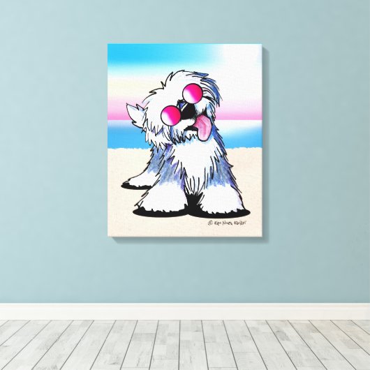 KiniArt Old English Sheepdog Beach Canvas Afdruk (Insitu (Houten vloer))