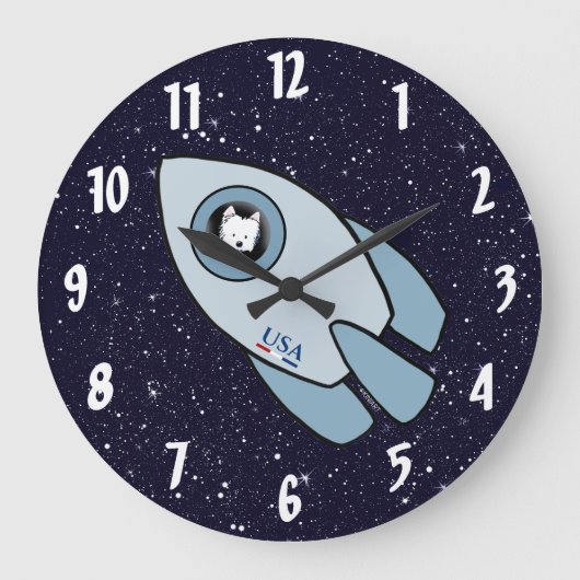 KiniArt Space Rocket Dog Westie Grote Klok (Voorkant)