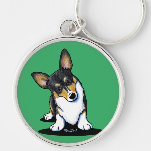 KiniArt Tri Nieuwsgierige Corgi Sleutelhanger (Voorkant)