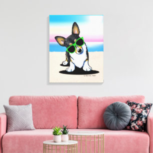KiniArt Tricolor Corgi Dog Beach Canvas Afdrukken