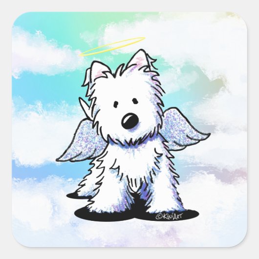 KiniArt Westie Angel Rainbow Vierkante Sticker (Voorkant)