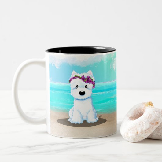 KiniArt™️ Westie Beach Blossom Tweekleurige Koffiemok (Met donut)