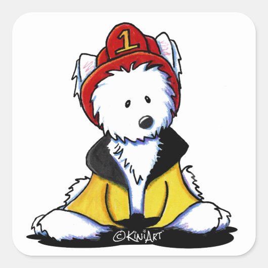 KiniArt Westie Brandweerman Vierkante Sticker (Voorkant)