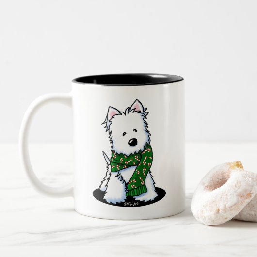 KiniArt Westie Dog Kerstmis Tweekleurige Koffiemok (Met donut)