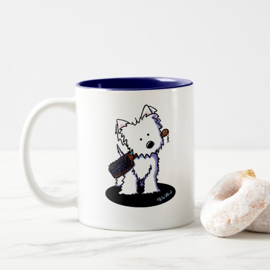 KiniArt Westie Groomer Tweekleurige Koffiemok (Met donut)