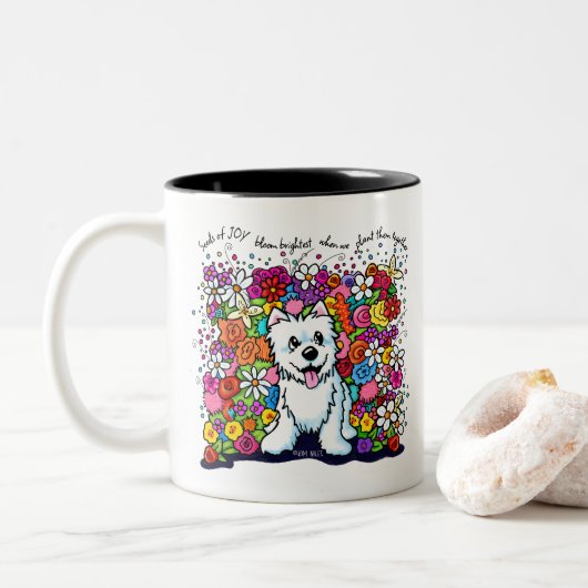 KiniArt Westie Joyful Garden Tweekleurige Koffiemok (Met donut)