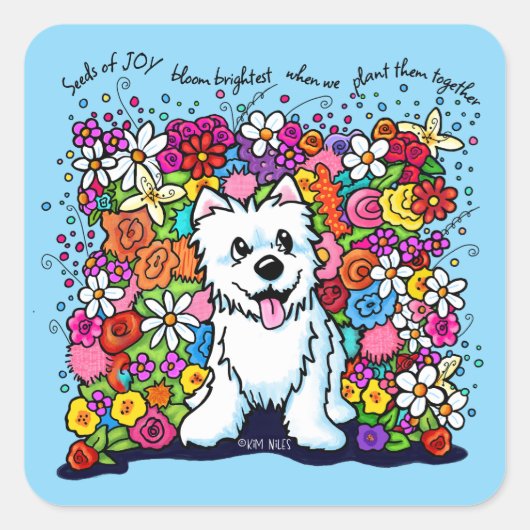 KiniArt Westie Joyful Garden Vierkante Sticker (Voorkant)