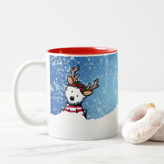 KiniArt Westie Reindeer kerstMok Tweekleurige Koffiemok (Met donut)