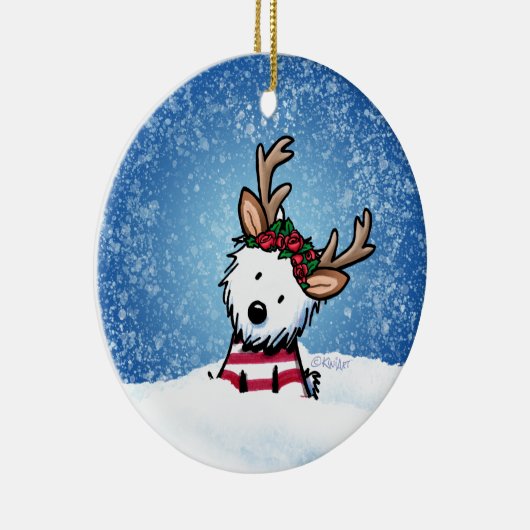KiniArt Westie Reindeer Kerstversiering Keramisch Ornament (Rechts)