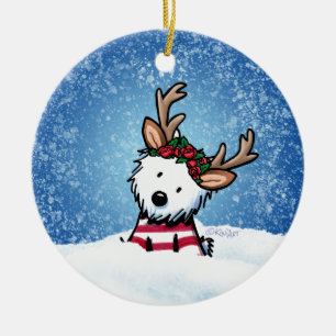 KiniArt Westie Reindeer Kerstversiering Keramisch Ornament