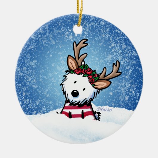 KiniArt Westie Reindeer Kerstversiering Keramisch Ornament (Voorkant)