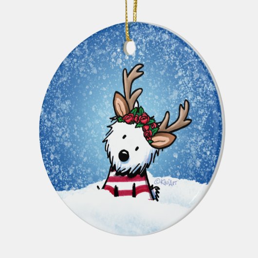KiniArt Westie Reindeer Kerstversiering Keramisch Ornament (Links)