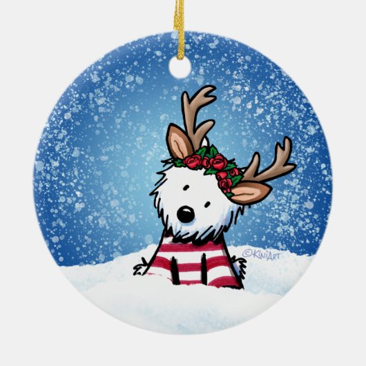 KiniArt Westie Reindeer Kerstversiering Keramisch Ornament (Achterkant)