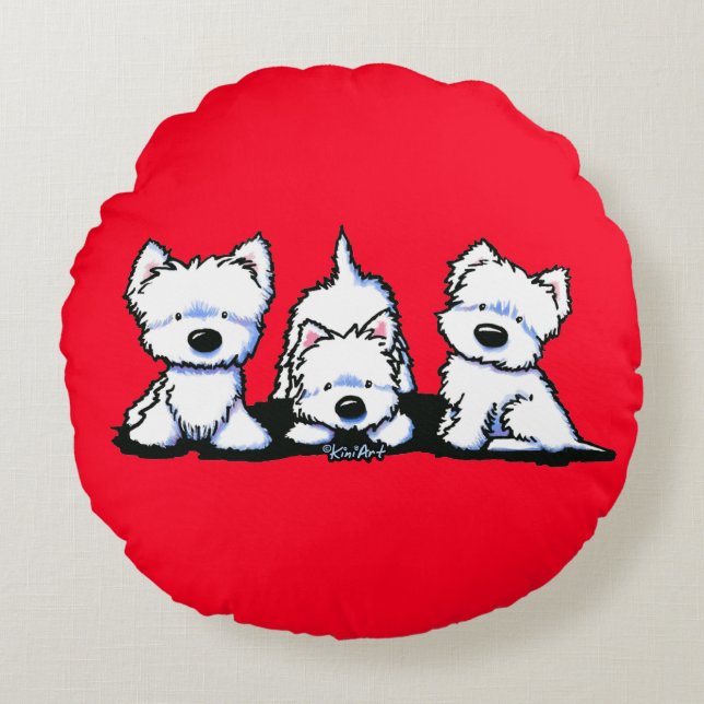 KiniArt Westie Trio Ronde Kussen (Voorkant)