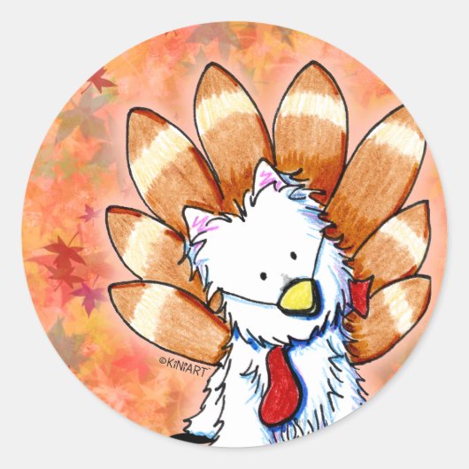 KiniArt Westie Turkey Thanksgiving Ronde Sticker (Voorkant)