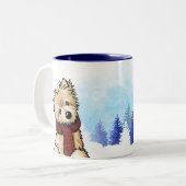 KiniArt Winter Norwich Terrier Tweekleurige Koffiemok (Voorkant links)