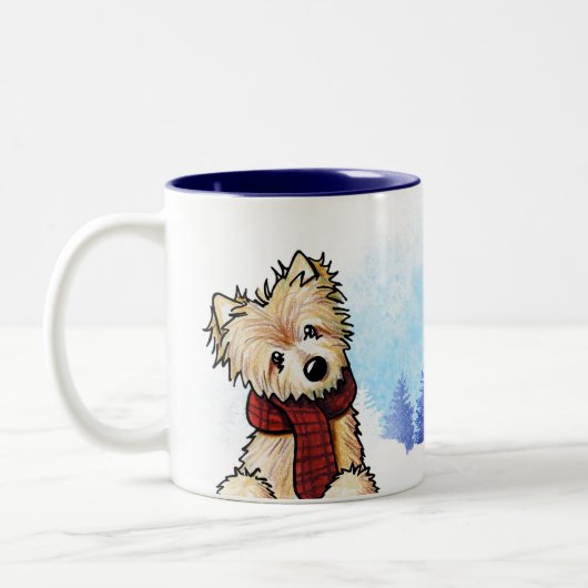 KiniArt Winter Norwich Terrier Tweekleurige Koffiemok (Links)