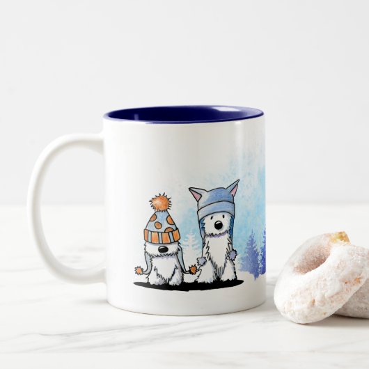 KiniArt Winter Westie Terriers Tweekleurige Koffiemok (Met donut)