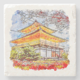 Kinkakuji Temple Japan HandDrawn Waterverf schets Stenen Onderzetter