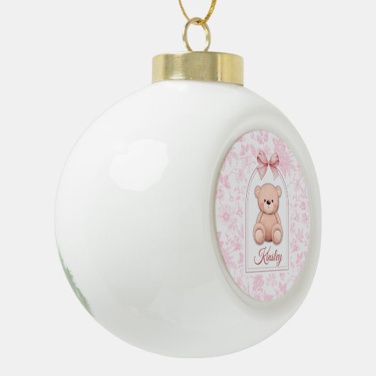 Kinsley | Aangepaste Roze Teddybeer Nursery Design Keramische Bal Ornament (Links)