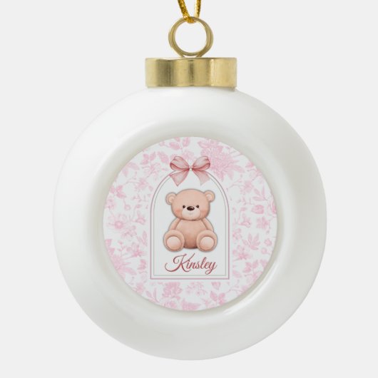 Kinsley | Aangepaste Roze Teddybeer Nursery Design Keramische Bal Ornament (Voorkant)