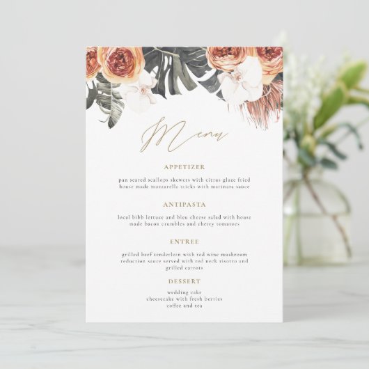 KINSLEY Boho Terracotta Floral Wedding Dinner Menu (Staand voorkant)