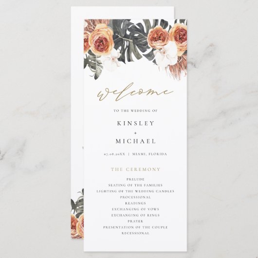 KINSLEY Boho Terracotta Floral Wedding Programme Menu (Voorkant / Achterkant)