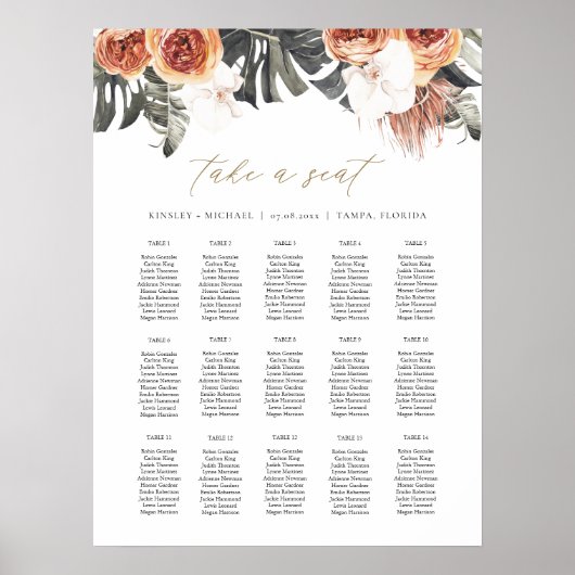 KINSLEY Boho Terracotta Palm Wedding Seding Chart Poster (Voorkant)