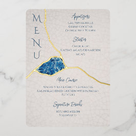 Kintsugi geïnspireerd blauw kersenbloesem menu folie uitnodiging