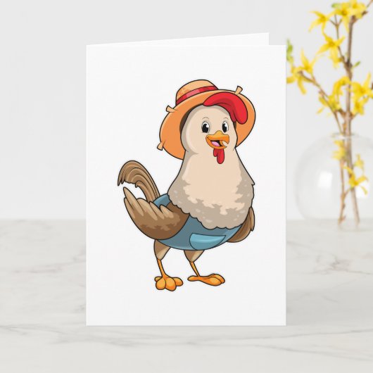 Kip als boer met hoed kaart (Gele Bloem)