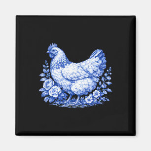 Kip bloem blauw Toile De Jouy Schattige Kip Verre Magneet