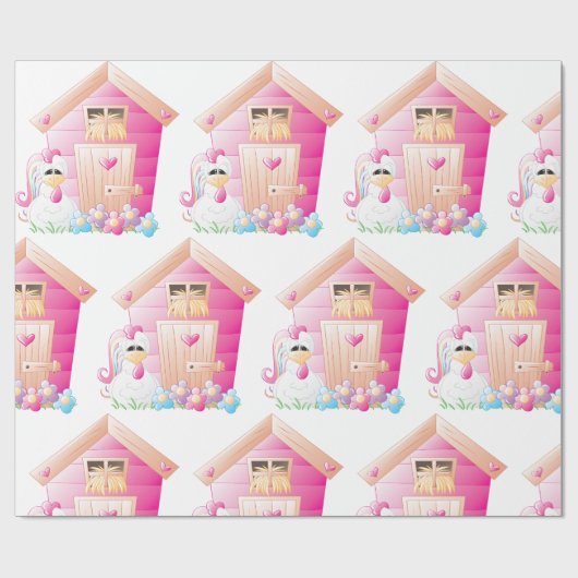 Kip en roze kippenhok met bloemen cadeaupapier (Vlak)
