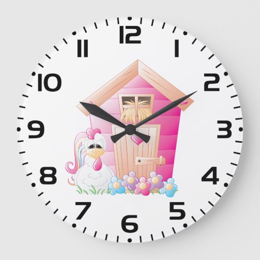 Kip en roze kippenhok met bloemen grote klok (Voorkant)