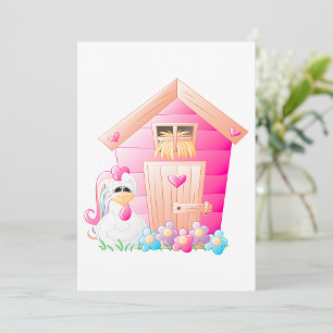 Kip en roze kippenhok met bloemen kaart