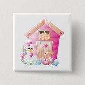 Kip en roze kippenhok met bloemen vierkante button 5,1 cm (Voorkant)