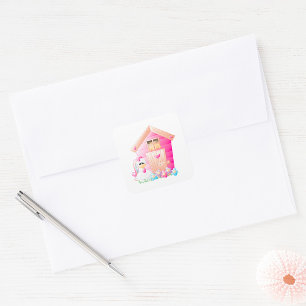 Kip en roze kippenhok met bloemen vierkante sticker
