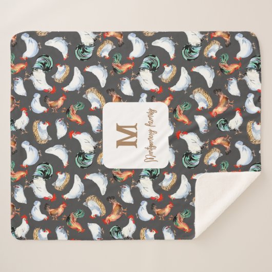 Kip familie boerderij Monogram Sherpa Deken (Voorkant (horizontaal))