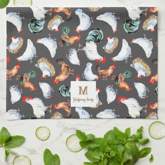 Kip familie boerderij Monogram Theedoek (Gevouwen)