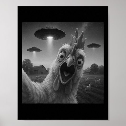 Kip Haantje Grappige Selfie Kip Met Ufos Wei Poster (Voorkant)