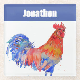 Kip Haantje Vogel Jongens Naam Blauw Rood Glazen Onderzetter