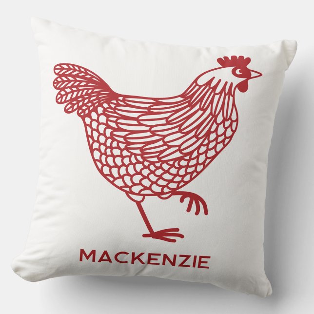 Kip Hen Pluimvee Persoonlijke Rode en Witte Kussen (Personalized name red chicken hen poultry farmhouse throw pillow)