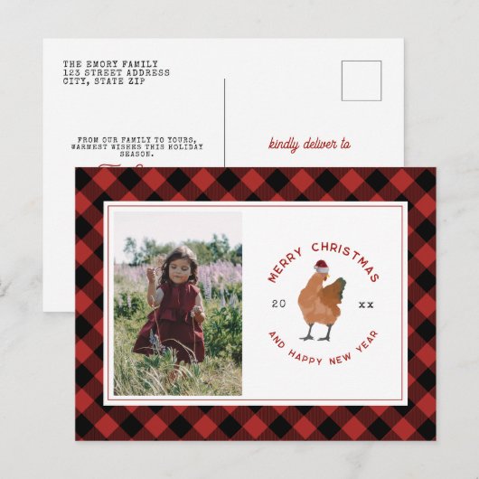 Kip Kerst Foto Buffel Plaid Feestdagenkaart (Voorkant / Achterkant)