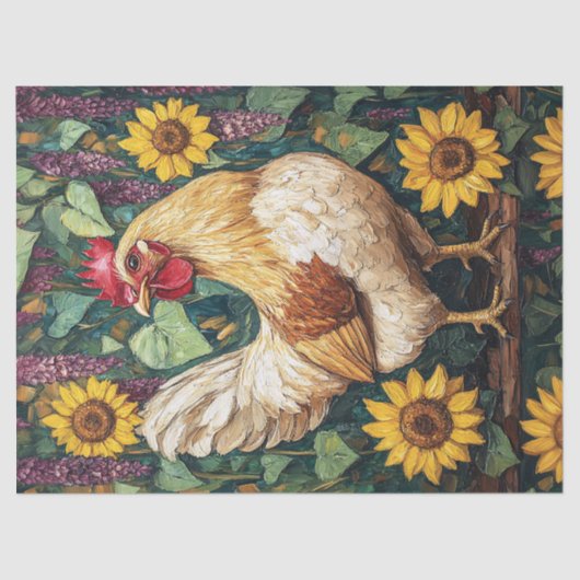 Kip met bloemen olieverfschilderij tissuepapier (Voorkant)