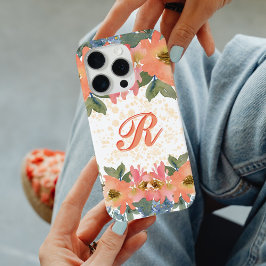 Kip Modern Perzik Waterverf Bloemige Monogram R iPhone 15 Pro Case