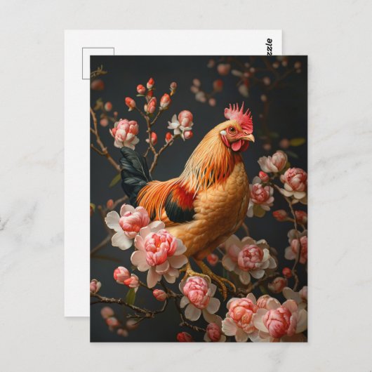 Kip omgeven door roze bloemen briefkaart (Voorkant / Achterkant)