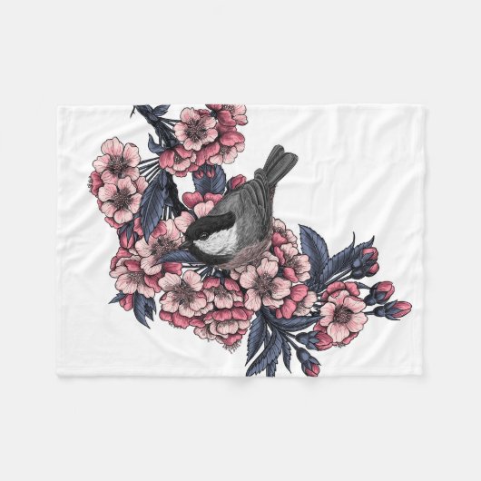 Kip op een bloeiende kersenbranche fleece deken (Voorkant (Horizontaal))