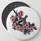 Kip op een bloeiende kersenbranche ronde button 6,0 cm (Voorkant /achterkant)