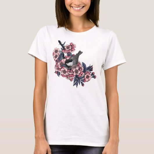 Kip op een bloeiende kersenbranche t-shirt (Voorkant)