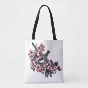 Kip op een bloeiende kersenbranche tote bag